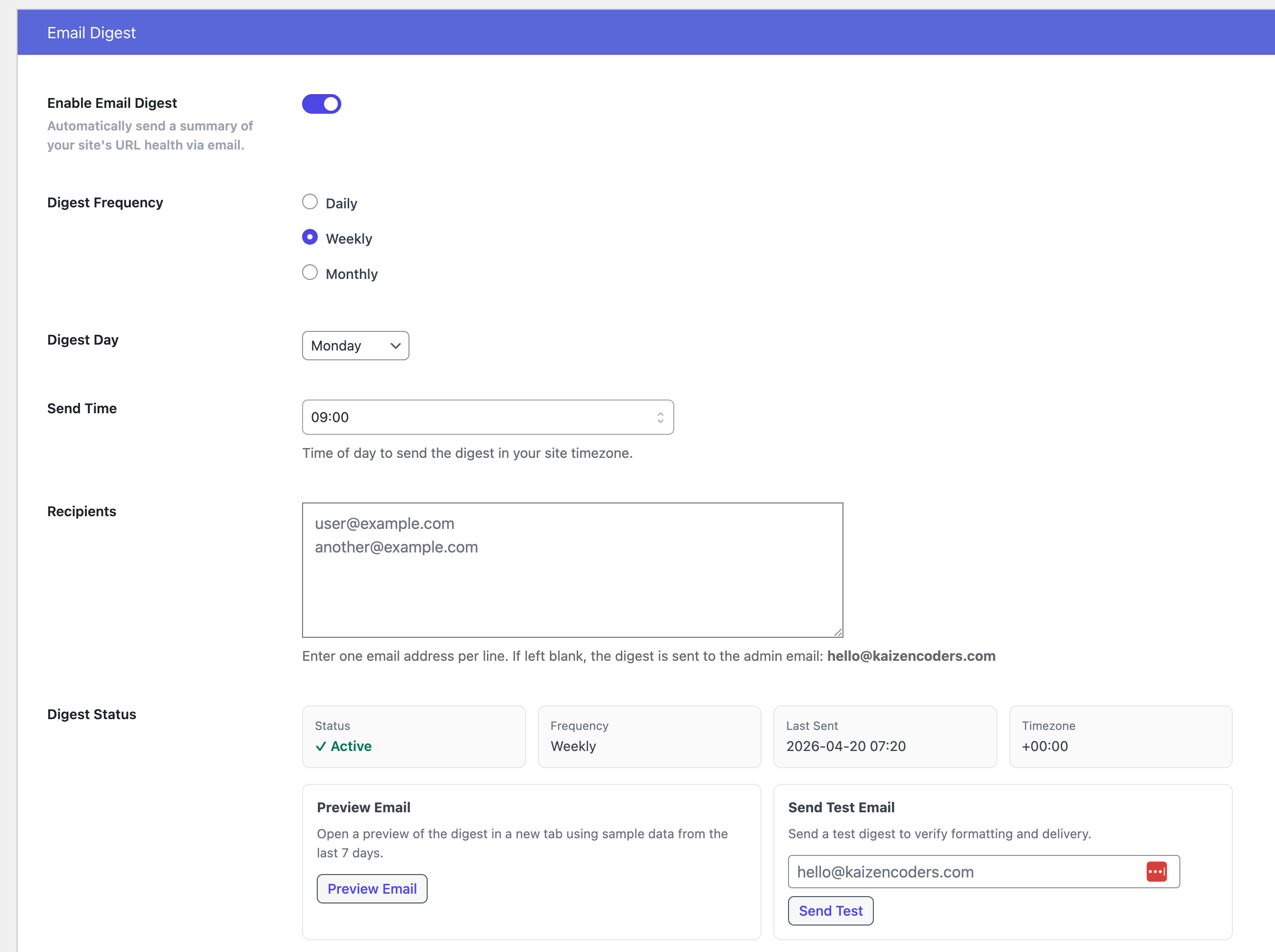 Preview and test-send card on settings page