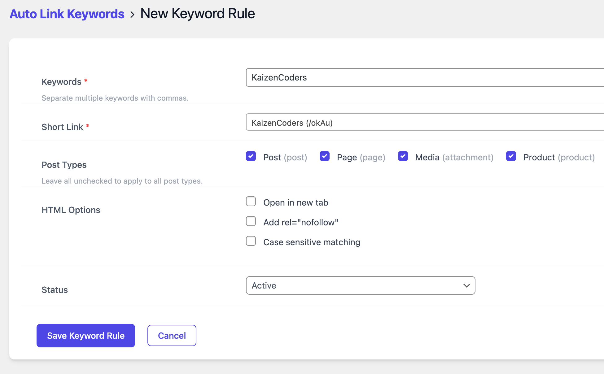 Add Auto Link Keyword Rule
