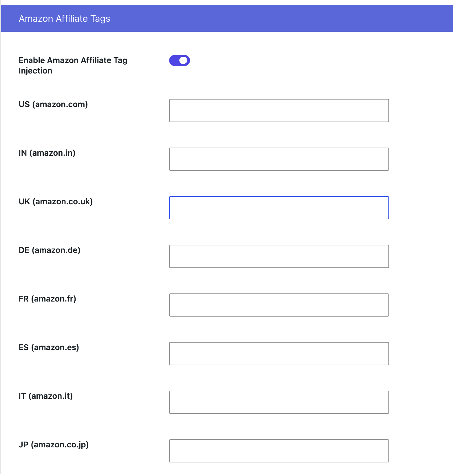 Amazon Affiliate Tags settings