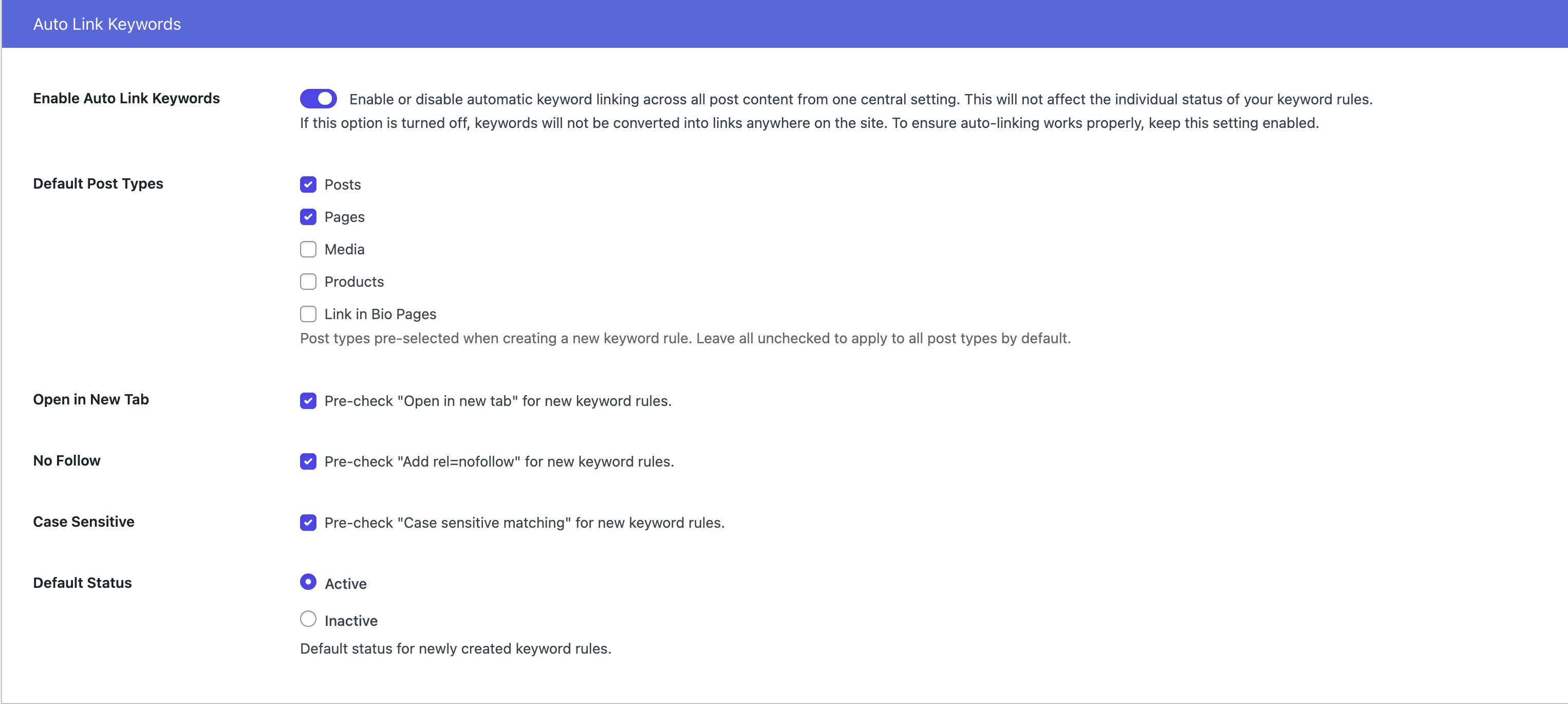 Auto Link Keywords Settings