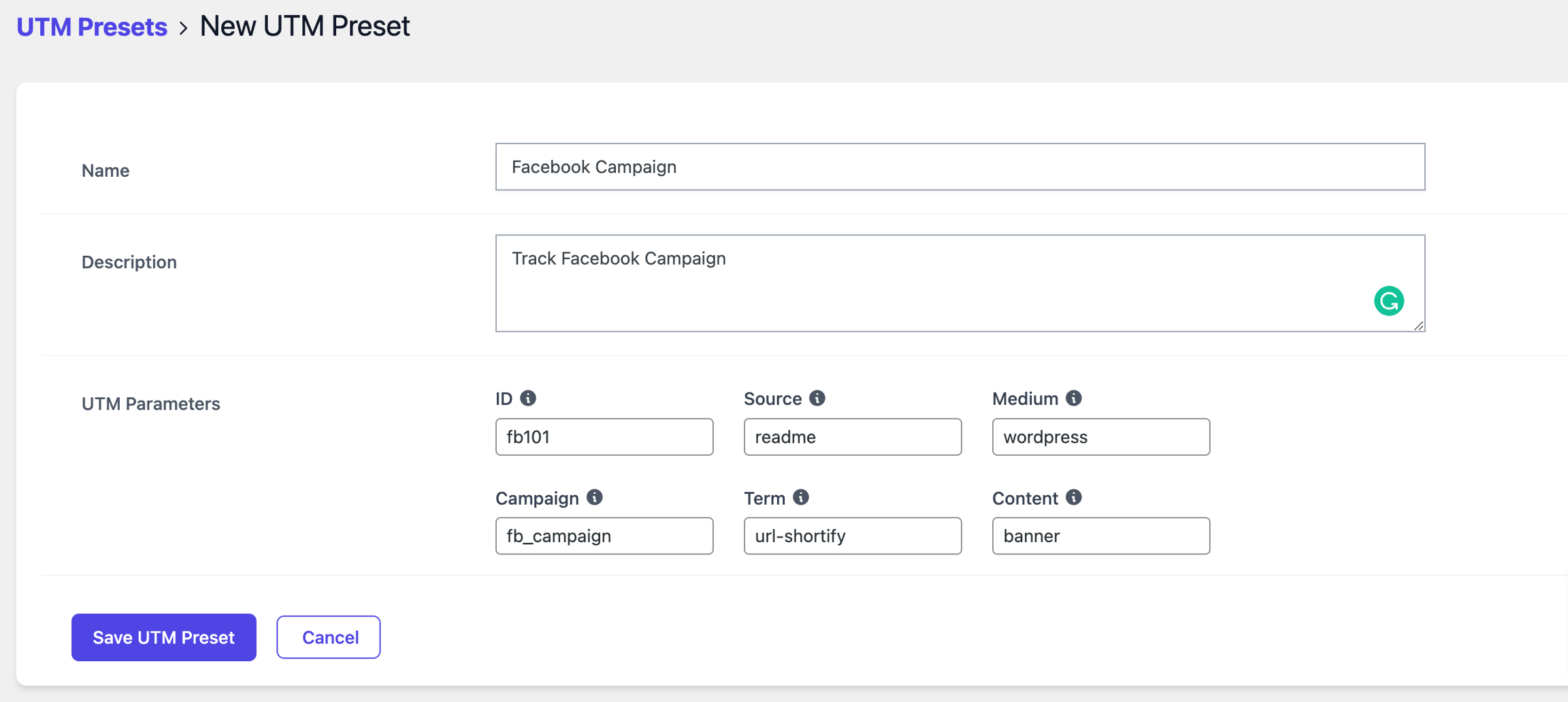 Create UTM Preset